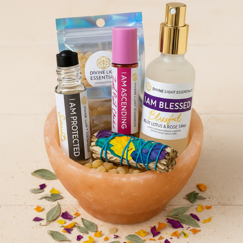 Set of spiritual products including bottles, a pouch, and a sage stick in a decorative bowl.