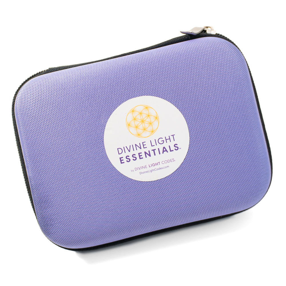 Purple zippered carrying case with Divine Light Essentials label and gold geometric design