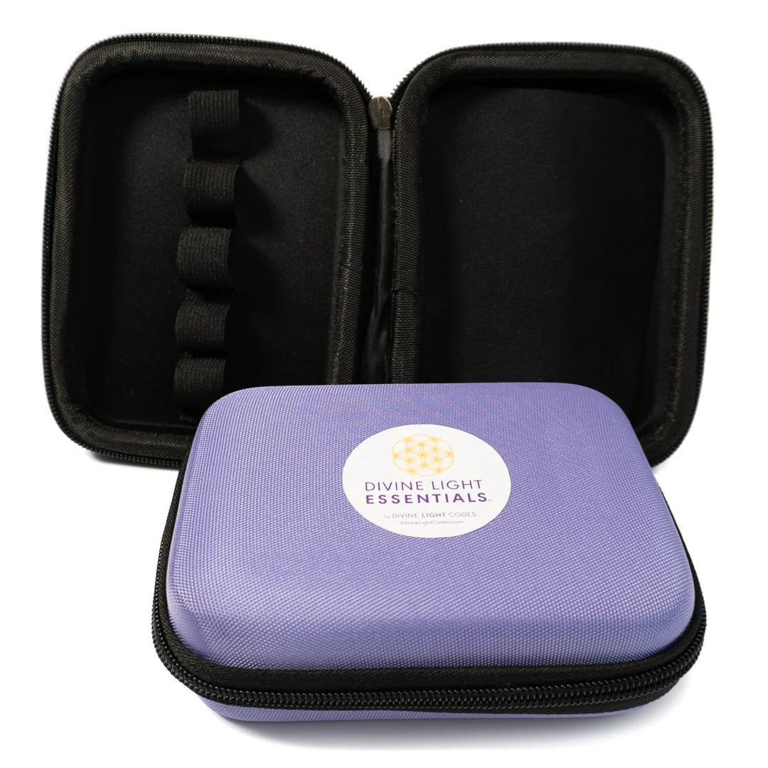 Purple zippered carrying case with DIVINE LIGHT ESSENTIALS label, open to show interior slots