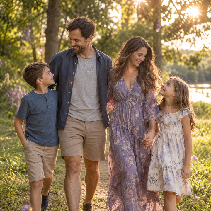 Happy family of four walking together in a sunlit park with soft golden and violet light.