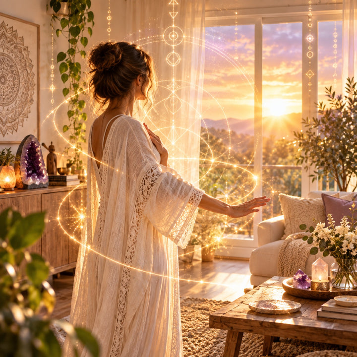 Woman welcoming warm golden light into a peaceful home sanctuary with subtle light codes