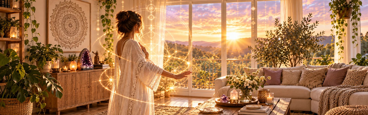 Sacred Home & Soul Renewal: woman in a white lace robe surrounded by swirling golden light codes in a peaceful sunset-lit home; desktop hero.