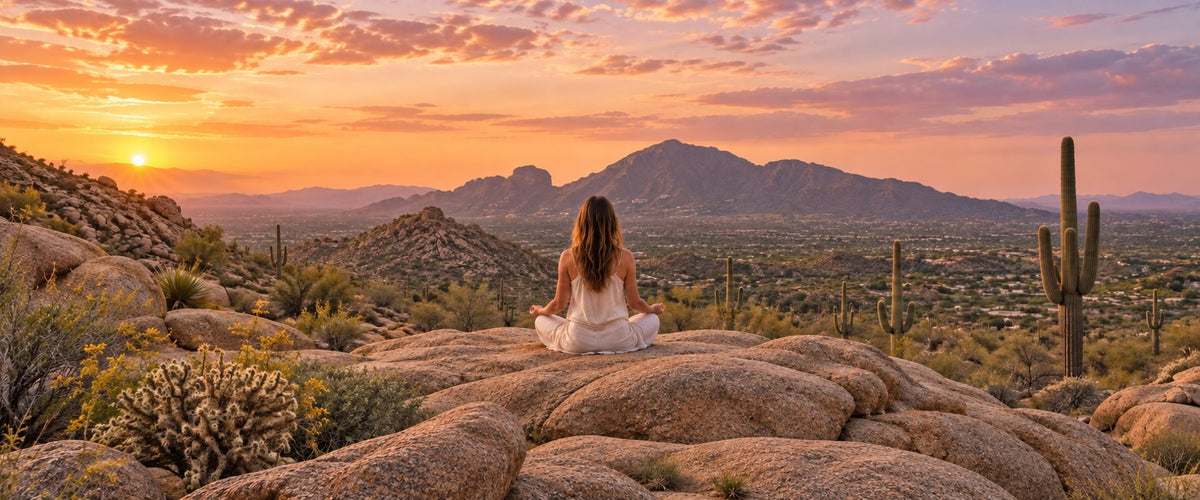 Woman meditating on desert rocks at sunset, facing Camelback Mountain among saguaro cacti.