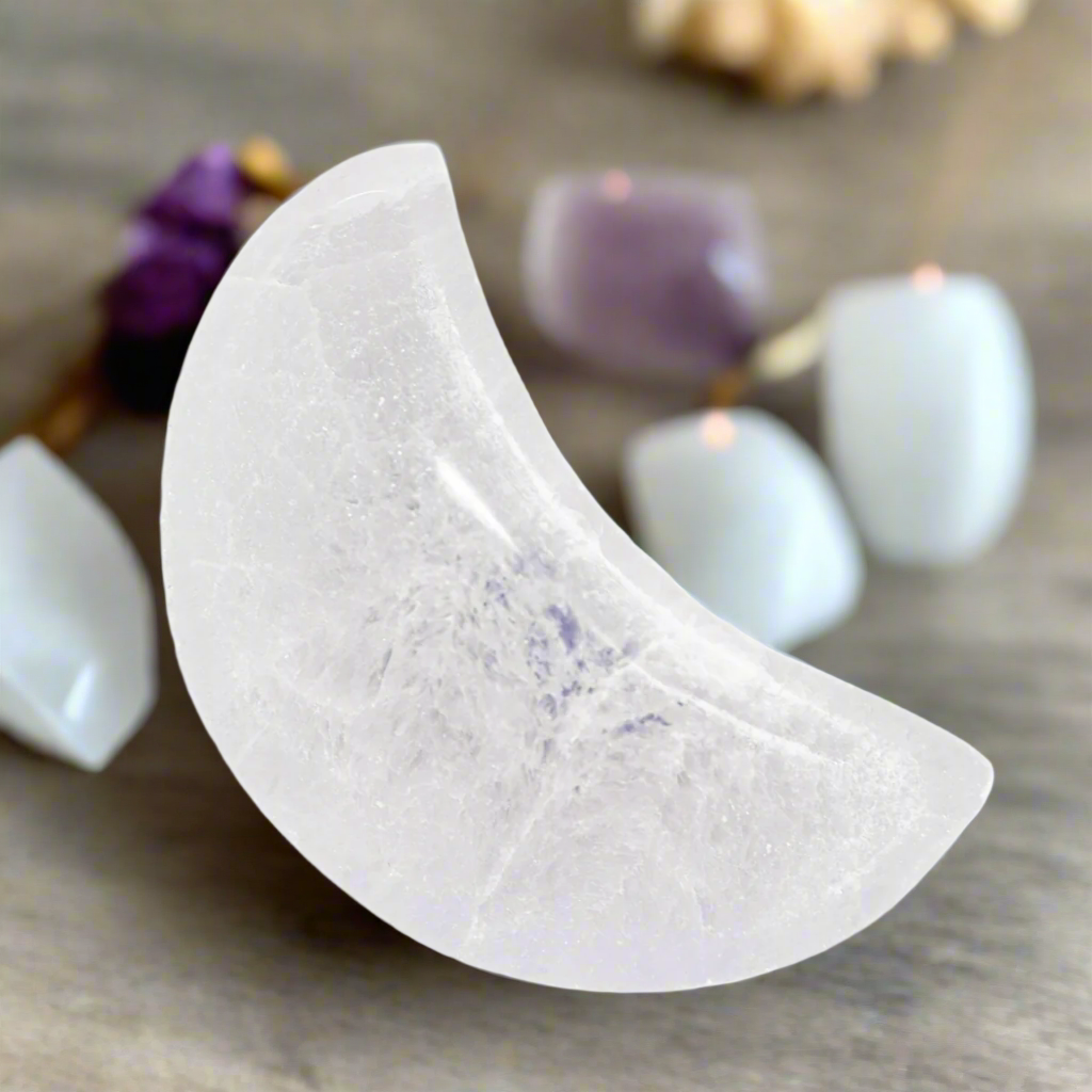 Selenite Crystal Crescent Moon Bowl - Holds & cleanses your crystals and jewelry