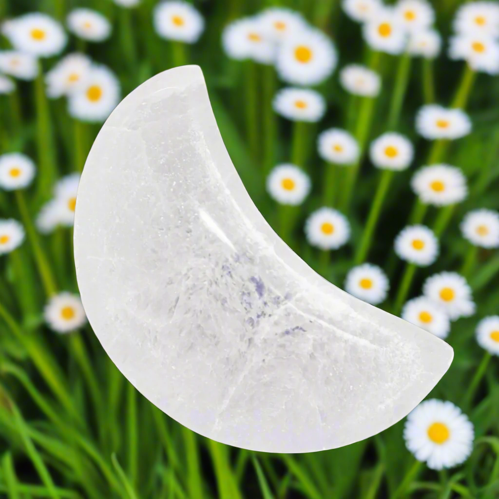 Selenite Crystal Crescent Moon Bowl - Holds & cleanses your crystals and jewelry