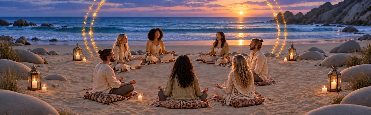 Seven people in one meditation circle on a sandy beach at sunset, with blue ocean, a blue-purple sky, candles and subtle golden light codes.