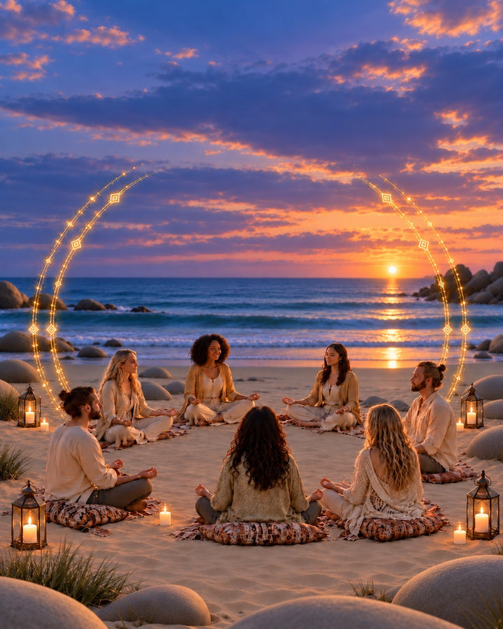 Six people sit cross-legged in a circle on a sandy beach at sunset, surrounded by glowing lanterns and a circular ring of warm lights. The ocean and dramatic purple-orange sky are in the background.