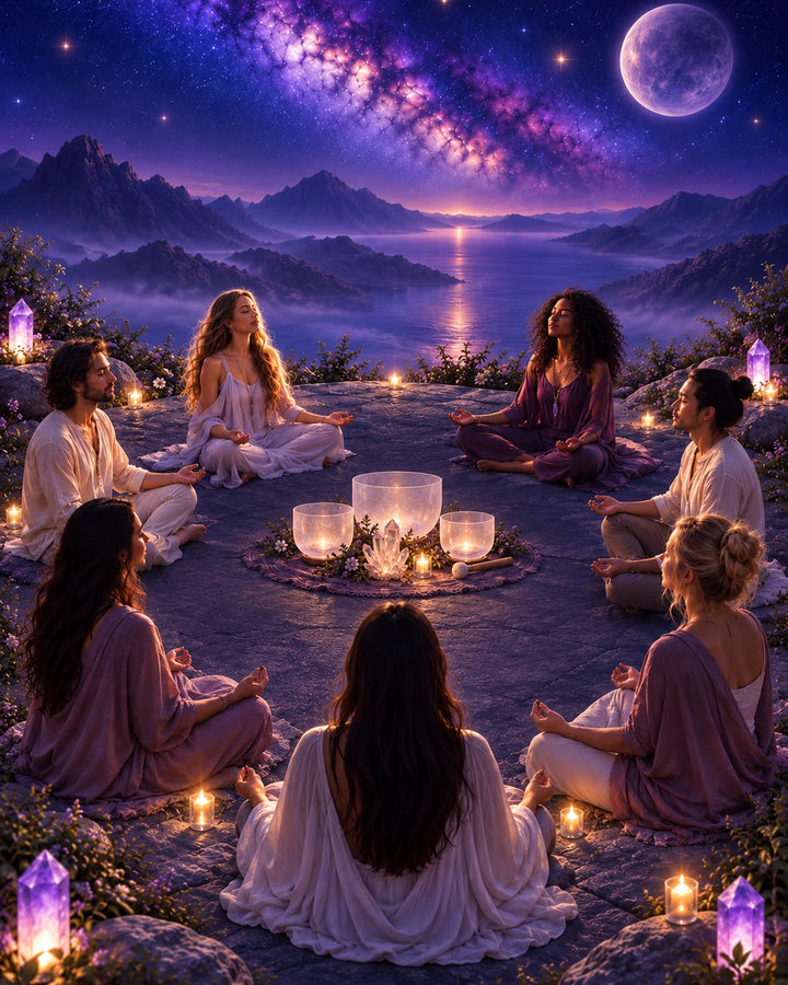 Seven people meditating together around a crystal singing bowl altar beneath a purple cosmic sky and moon, portrait mobile composition.