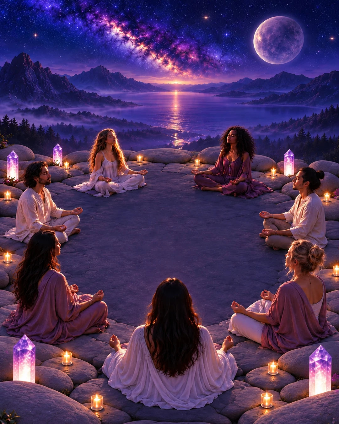 Seven people meditating in one circle beneath a purple cosmic sky and lavender moon, with an open center, sparse edge plants, glowing amethyst crystals and candles.