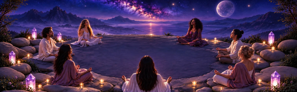 A circle of people meditating beneath a purple cosmic sky and moon, with an open center, sparse edge plants, candles and crystals.