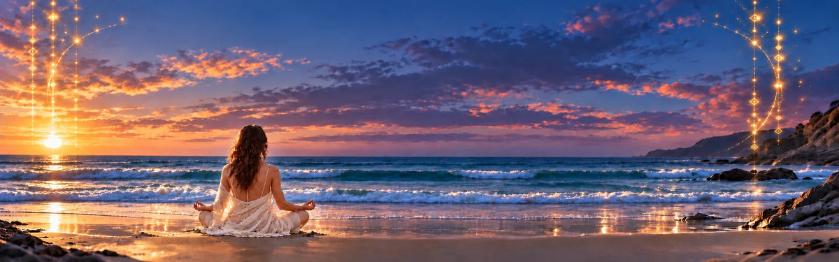 A woman meditating on a sandy beach at sunset, with smooth natural skin shading, blue ocean, a blue-purple sky and delicate golden light codes.