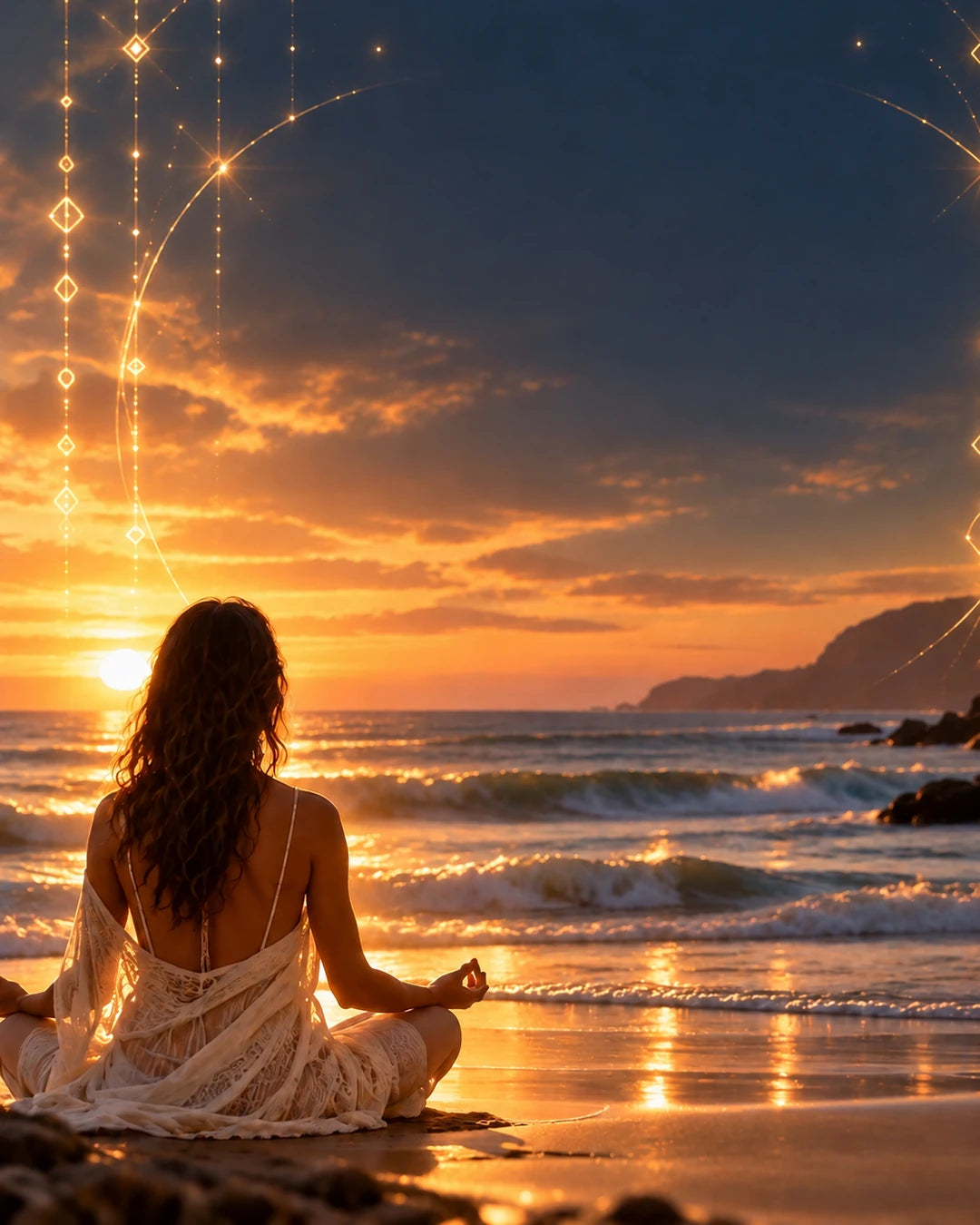 A woman meditating on a sandy beach at golden sunset, with clean natural skin shading, soft waves and delicate golden light codes.