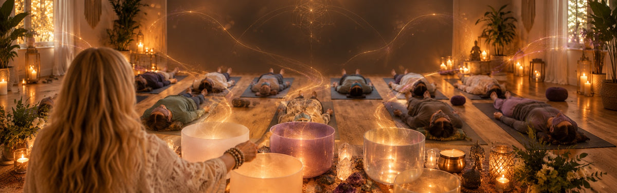 Sound bath group with crystal singing bowls and warm light codes, desktop banner
