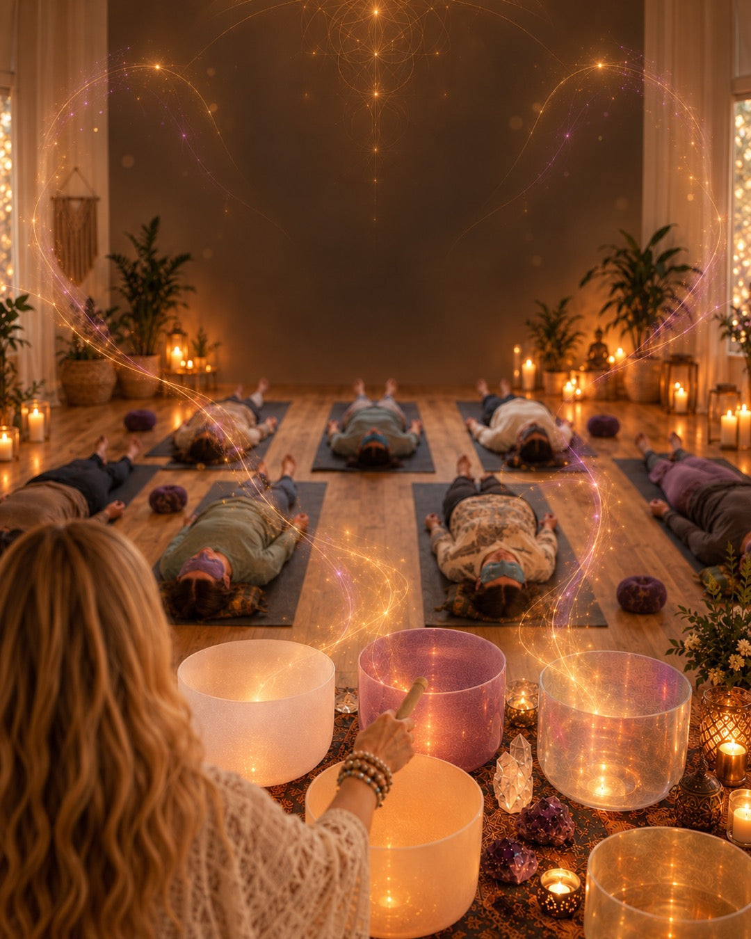 Sound bath group with crystal singing bowls and warm light codes, mobile banner