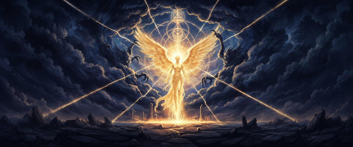 Golden winged figure radiating light amid dark clouds, with luminous sacred geometry overhead.