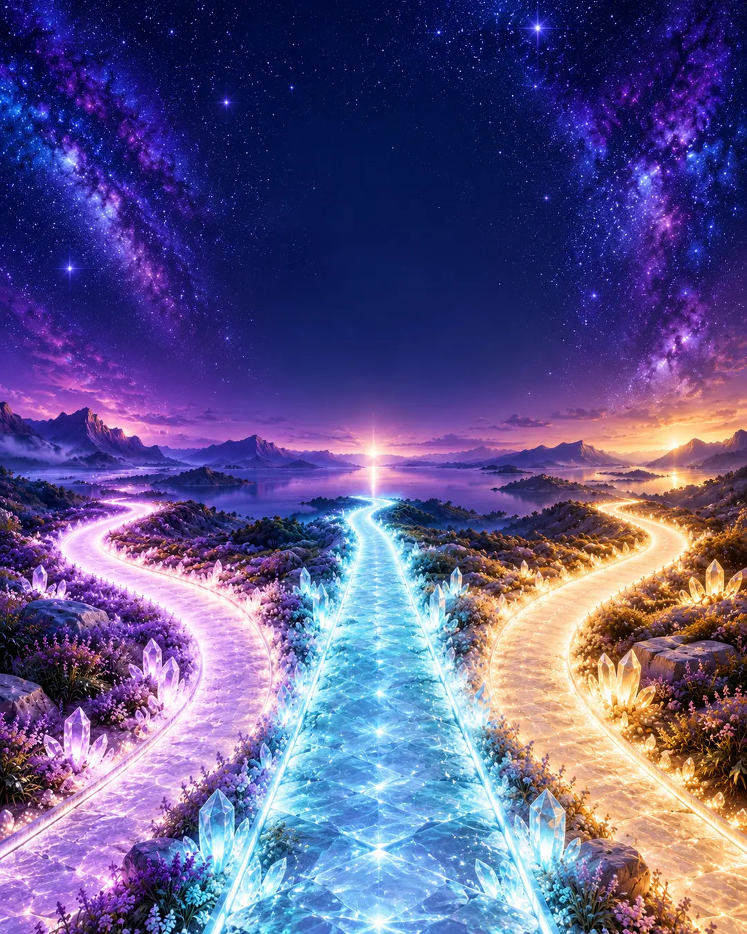 Three luminous lavender, blue, and gold paths beneath a starry indigo sky