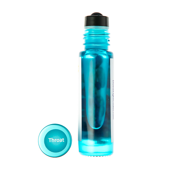 Turquoise rollerball bottle with black cap on a white background showing lapis crystals inside the bottle.