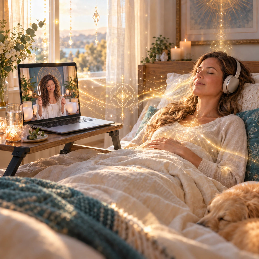 Remote tuning fork chakra healing session with a client resting in bed wearing headphones and a curly-haired practitioner visible on a laptop.