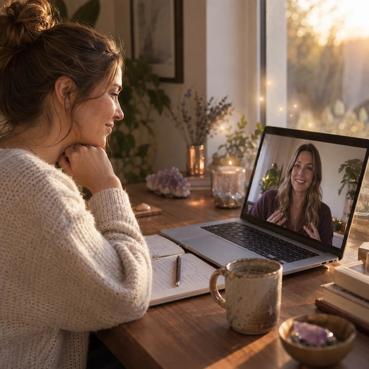 Woman in a warm room speaking with a mentor on a video call