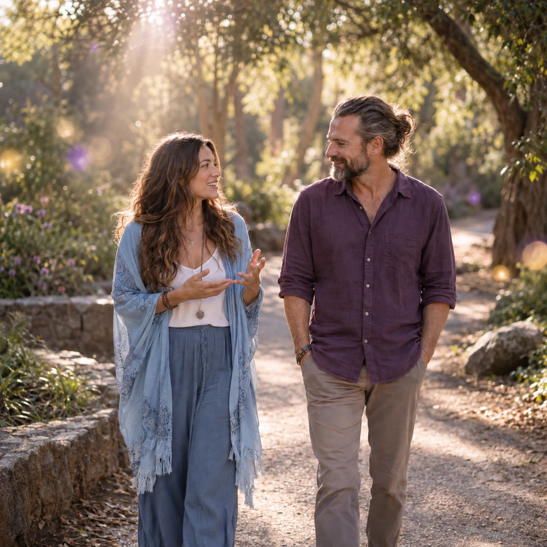 Two people walking together on a sunlit park path, talking warmly