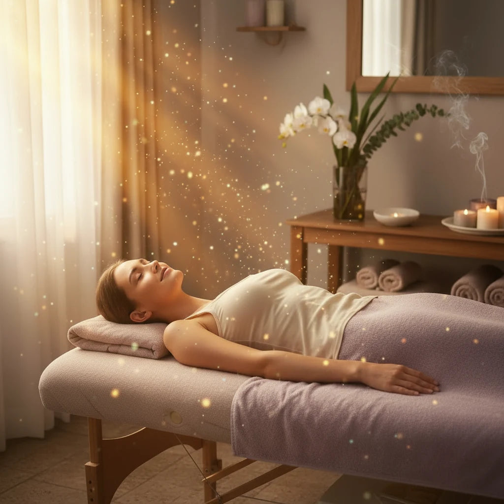 Woman receiving spiritual healing with golden light particles, candles, and orchids in serene spa setting